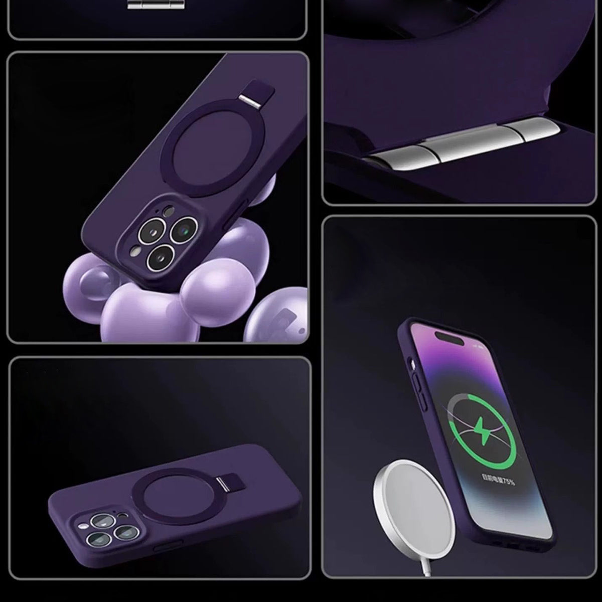 Magnetic Wireless Charging Phone Case | Liquid Silicone Solid Color Phone Case with Stand