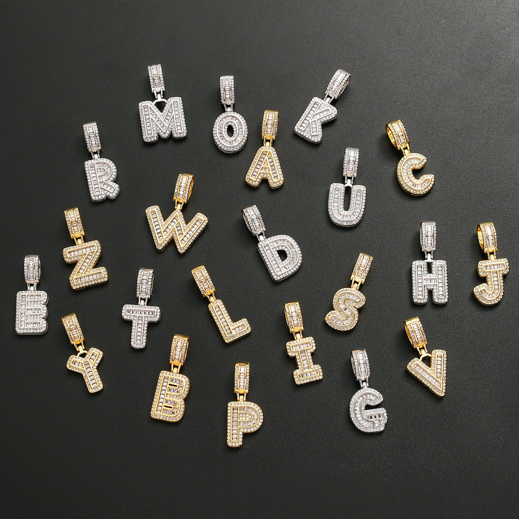 Baguette Iced A to Z Letters Pendants in White Gold - SPICEUP