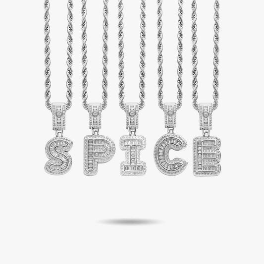 Baguette Iced A to Z Letters Pendants in White Gold - SPICEUP