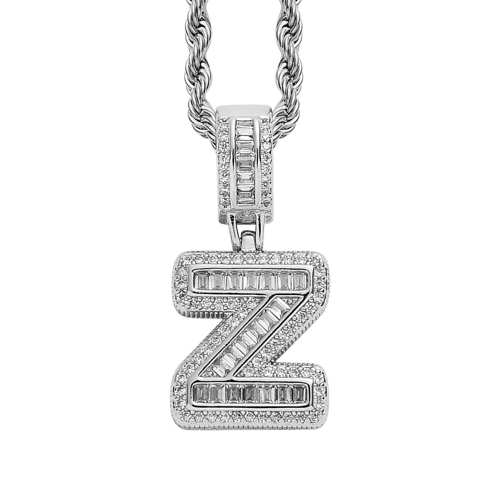 Baguette Iced A to Z Letters Pendants in White Gold - SPICEUP