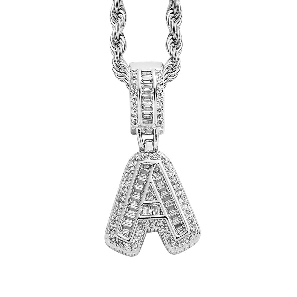 Baguette Iced A to Z Letters Pendants in White Gold - SPICEUP