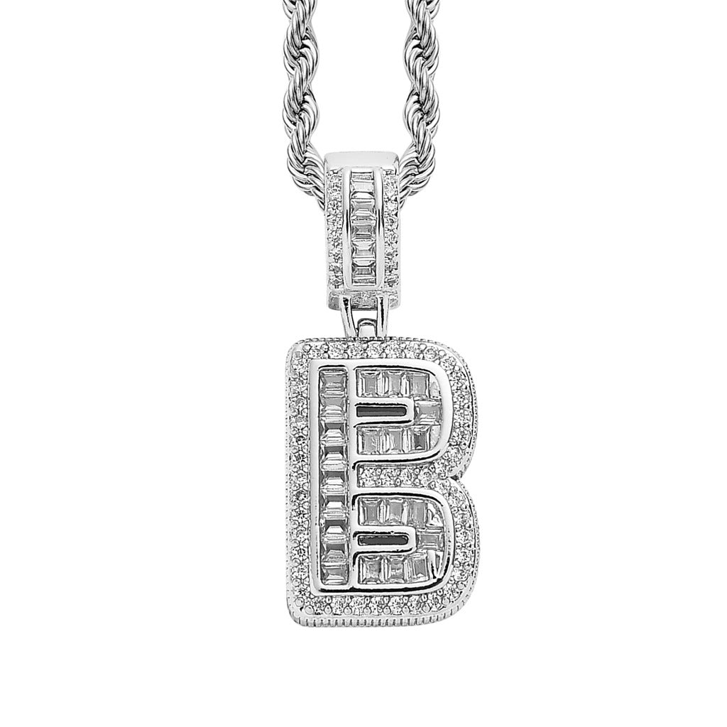 Baguette Iced A to Z Letters Pendants in White Gold - SPICEUP