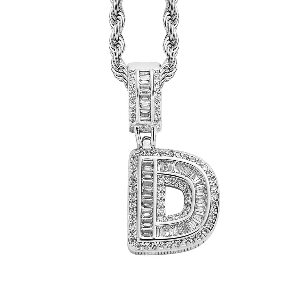 Baguette Iced A to Z Letters Pendants in White Gold - SPICEUP