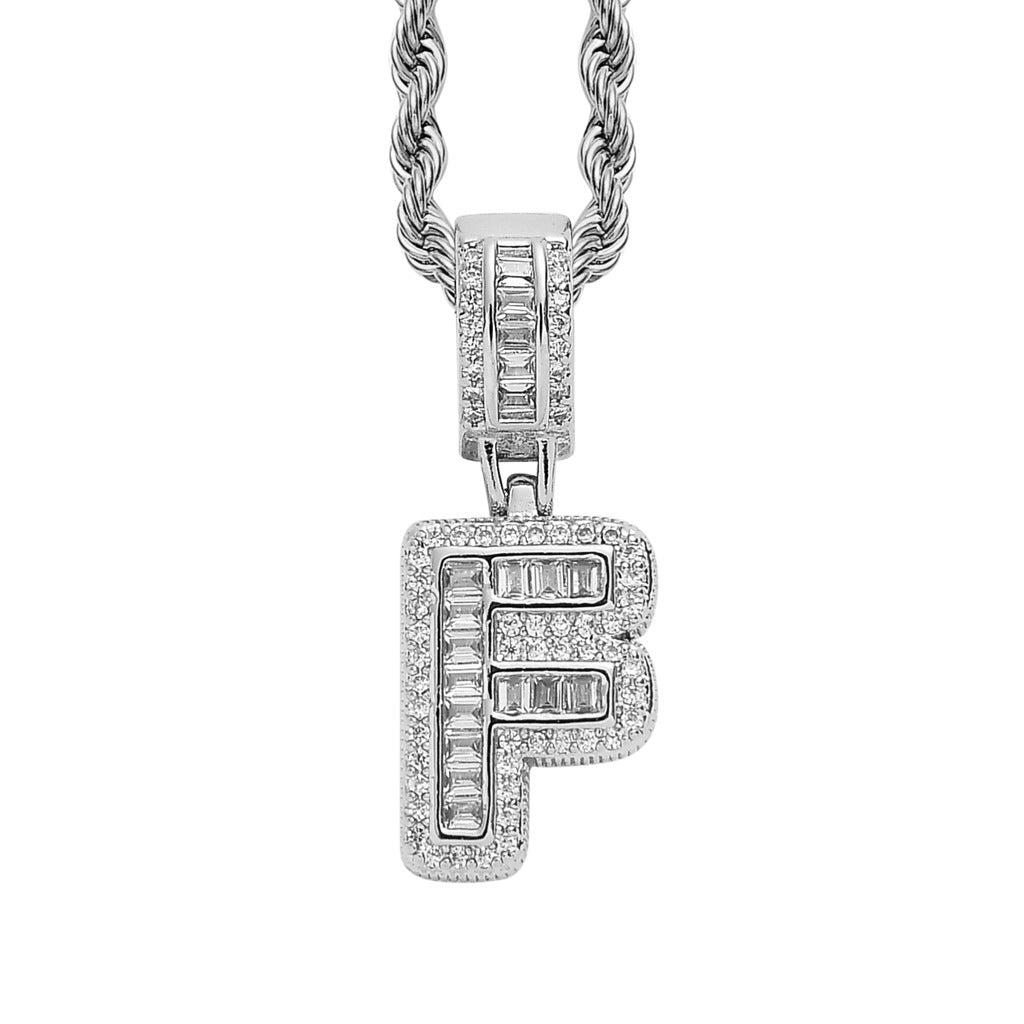 Baguette Iced A to Z Letters Pendants in White Gold - SPICEUP