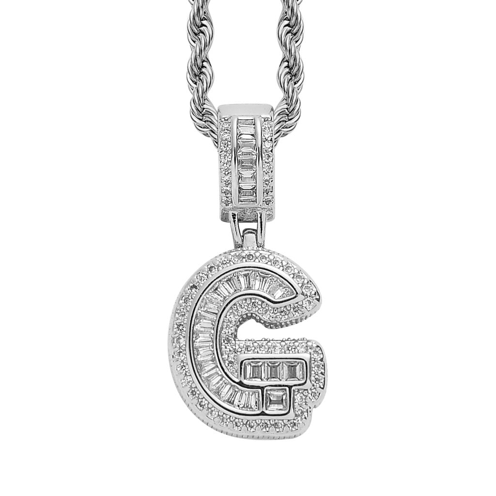 Baguette Iced A to Z Letters Pendants in White Gold - SPICEUP