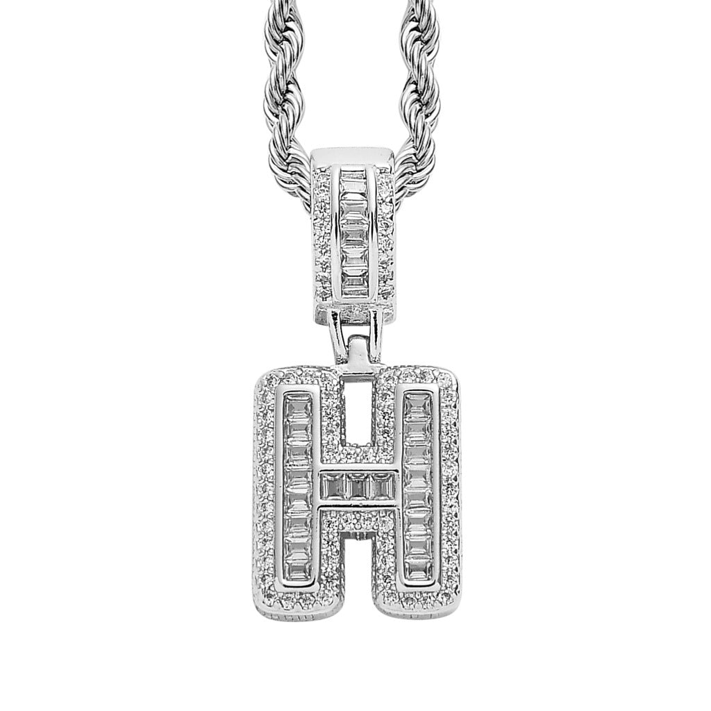 Baguette Iced A to Z Letters Pendants in White Gold - SPICEUP