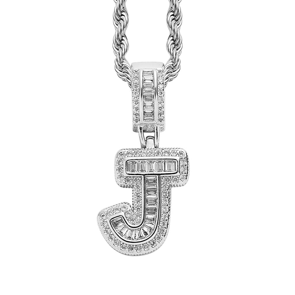 Baguette Iced A to Z Letters Pendants in White Gold - SPICEUP