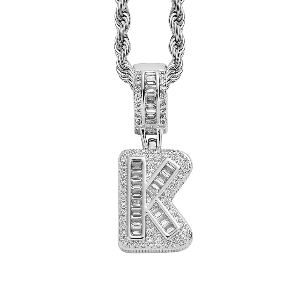 Baguette Iced A to Z Letters Pendants in White Gold - SPICEUP