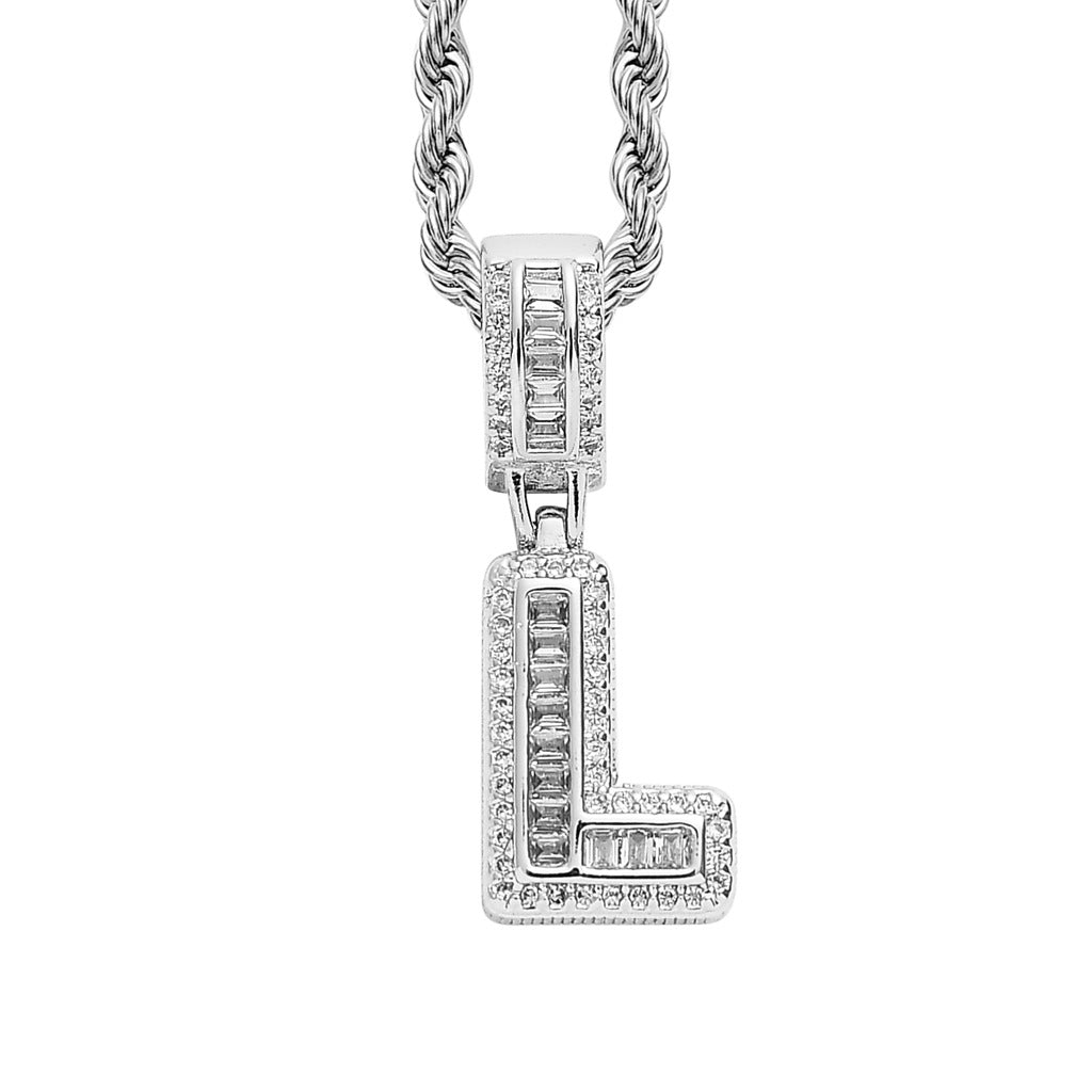 Baguette Iced A to Z Letters Pendants in White Gold - SPICEUP