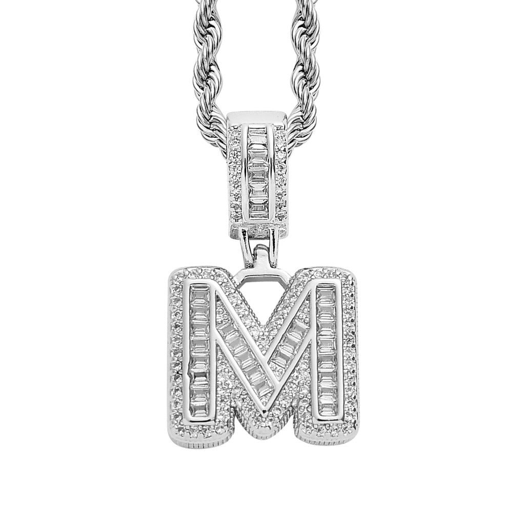 Baguette Iced A to Z Letters Pendants in White Gold - SPICEUP
