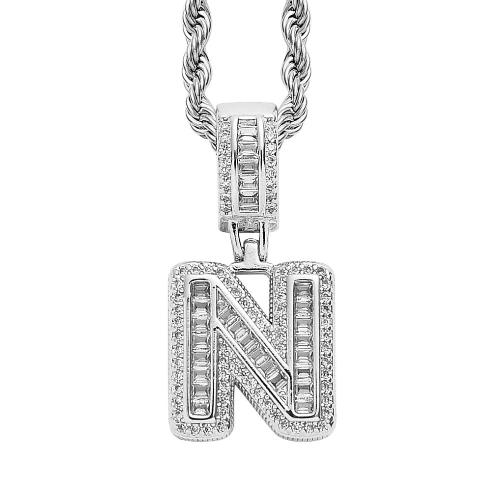 Baguette Iced A to Z Letters Pendants in White Gold - SPICEUP