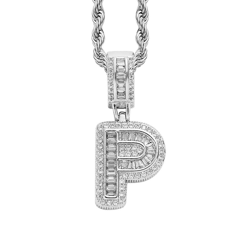 Baguette Iced A to Z Letters Pendants in White Gold - SPICEUP