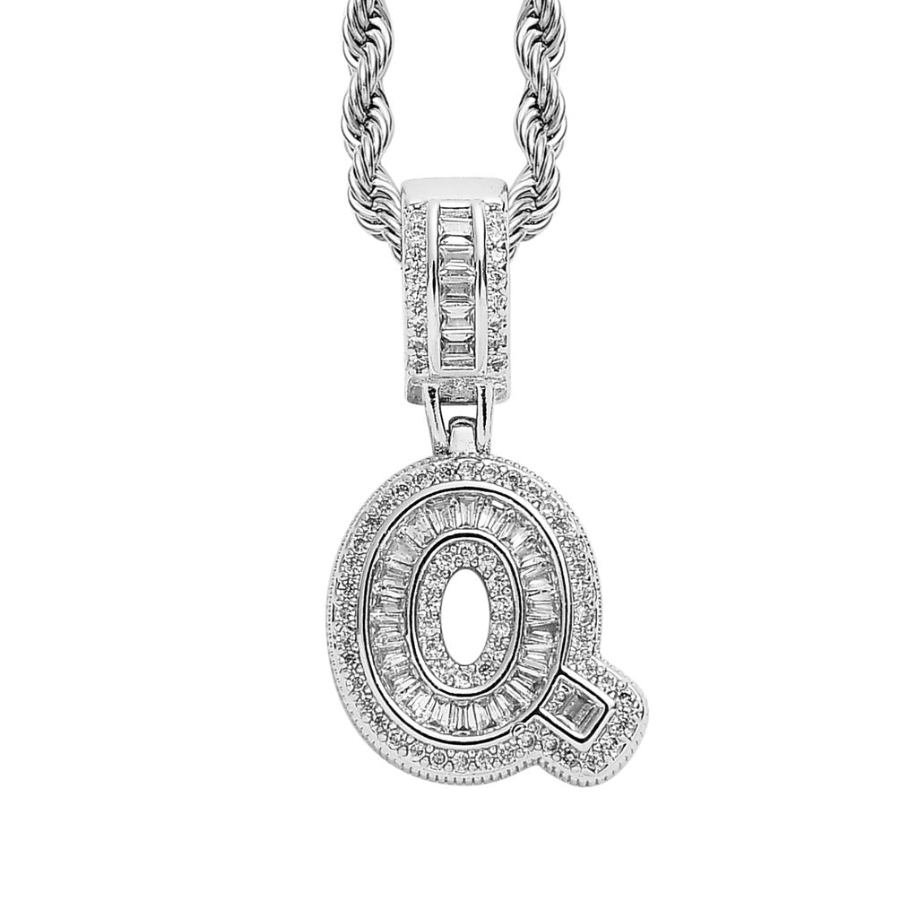 Baguette Iced A to Z Letters Pendants in White Gold - SPICEUP