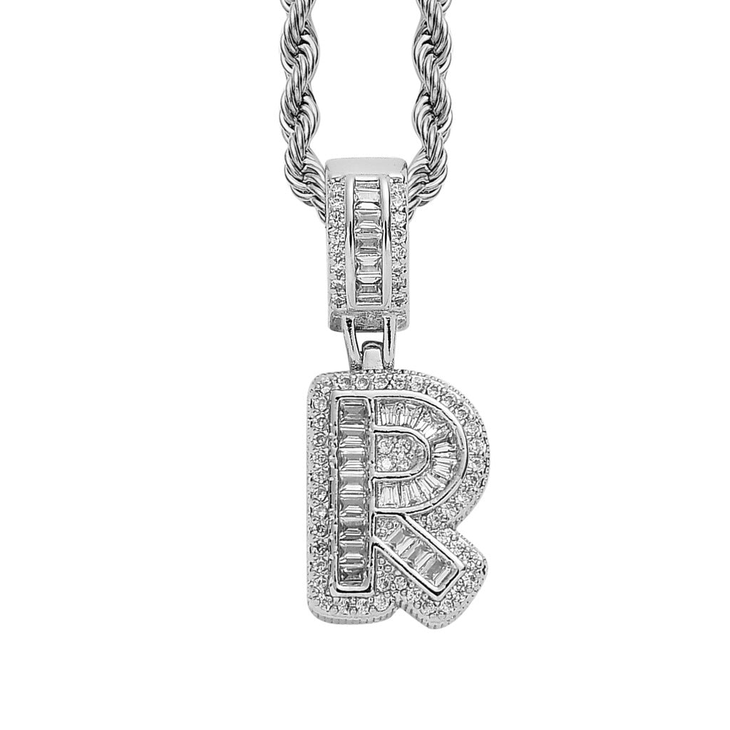 Baguette Iced A to Z Letters Pendants in White Gold - SPICEUP