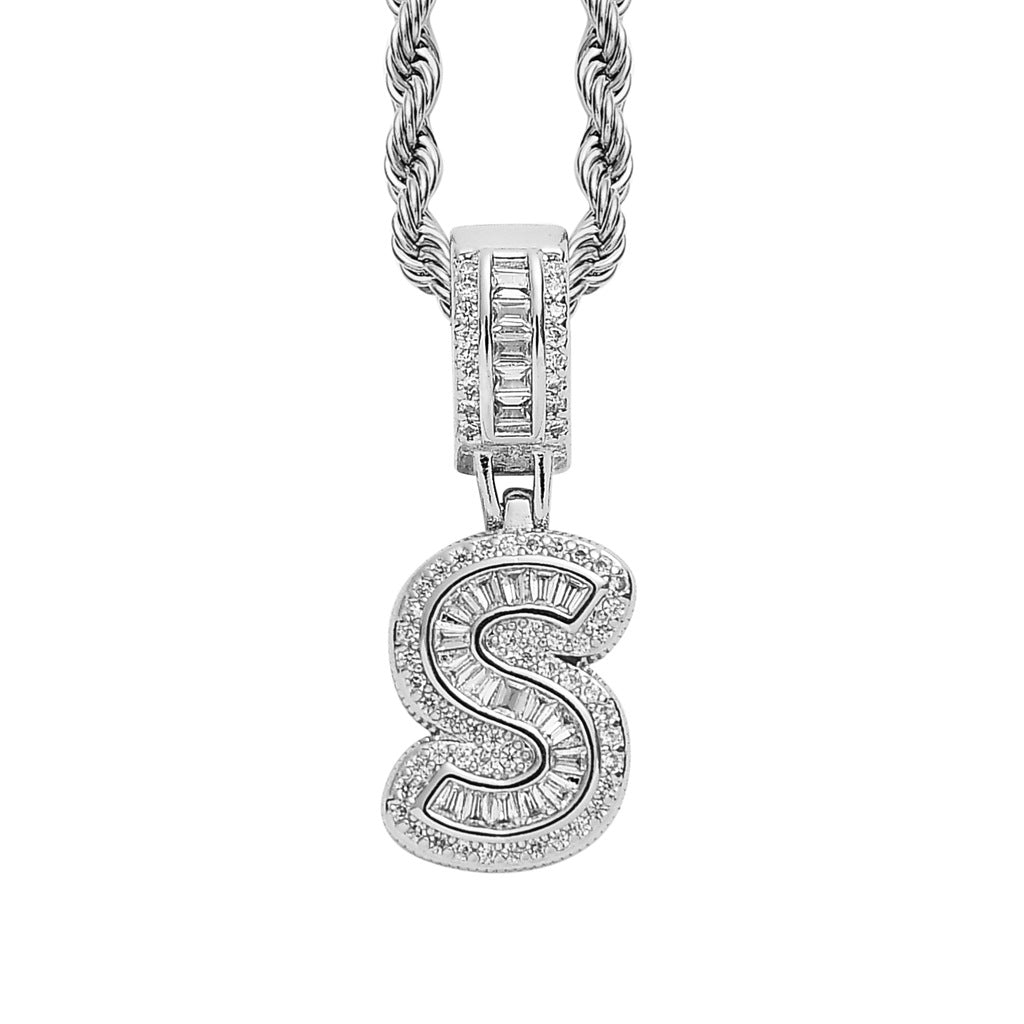 Baguette Iced A to Z Letters Pendants in White Gold - SPICEUP