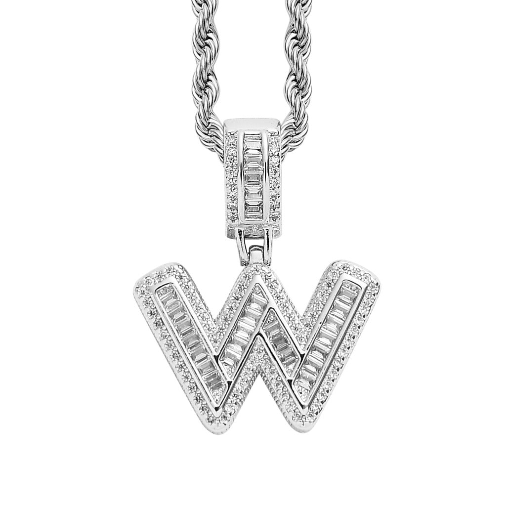 Baguette Iced A to Z Letters Pendants in White Gold - SPICEUP