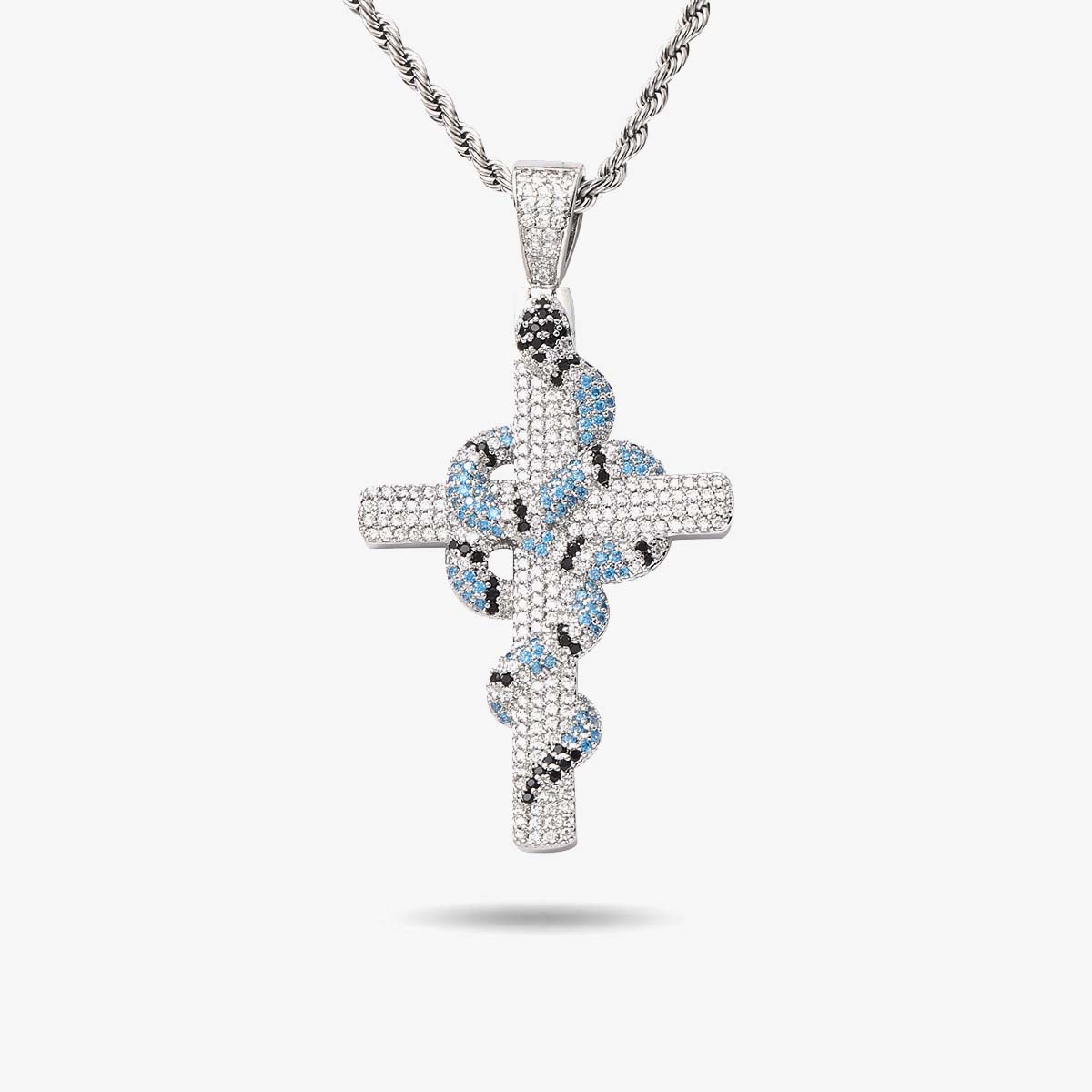 Iced Blue Snake Cross Pendant in White Gold - SPICEUP