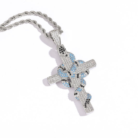 Iced Blue Snake Cross Pendant in White Gold - SPICEUP