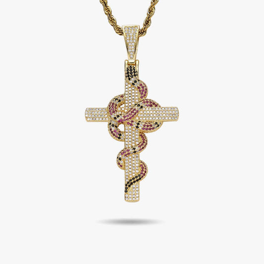 Iced Snake Cross Pendant in 14K Gold - SPICEUP