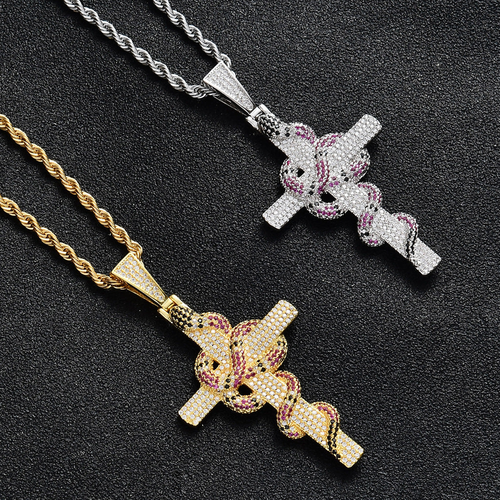 Iced Blue Snake Cross Pendant in White Gold - SPICEUP