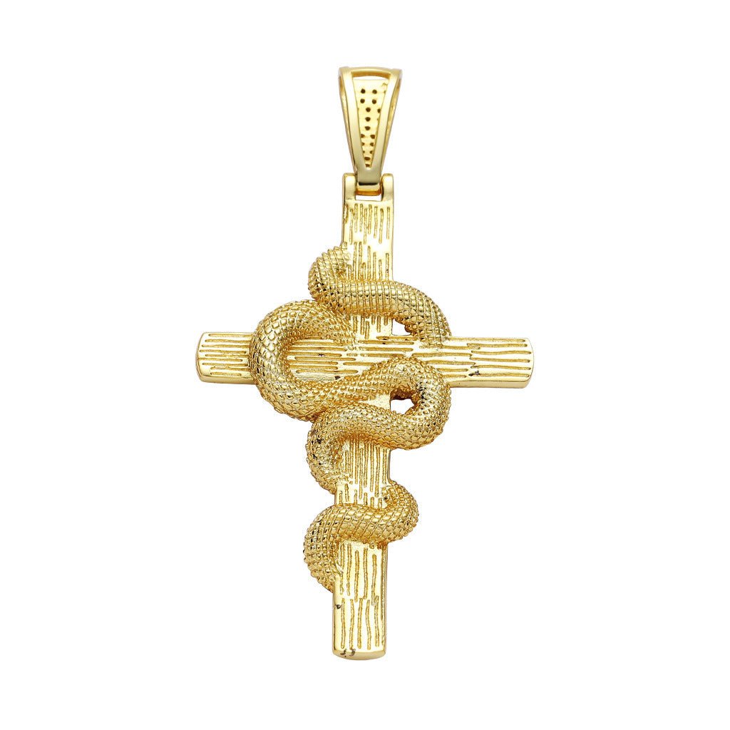 Iced Snake Cross Pendant in 14K Gold - SPICEUP