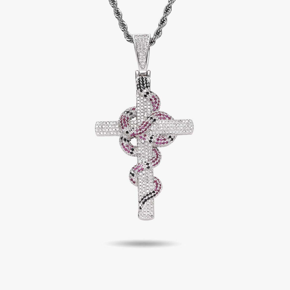 Iced Pink Snake Cross Pendant in White Gold - SPICEUP