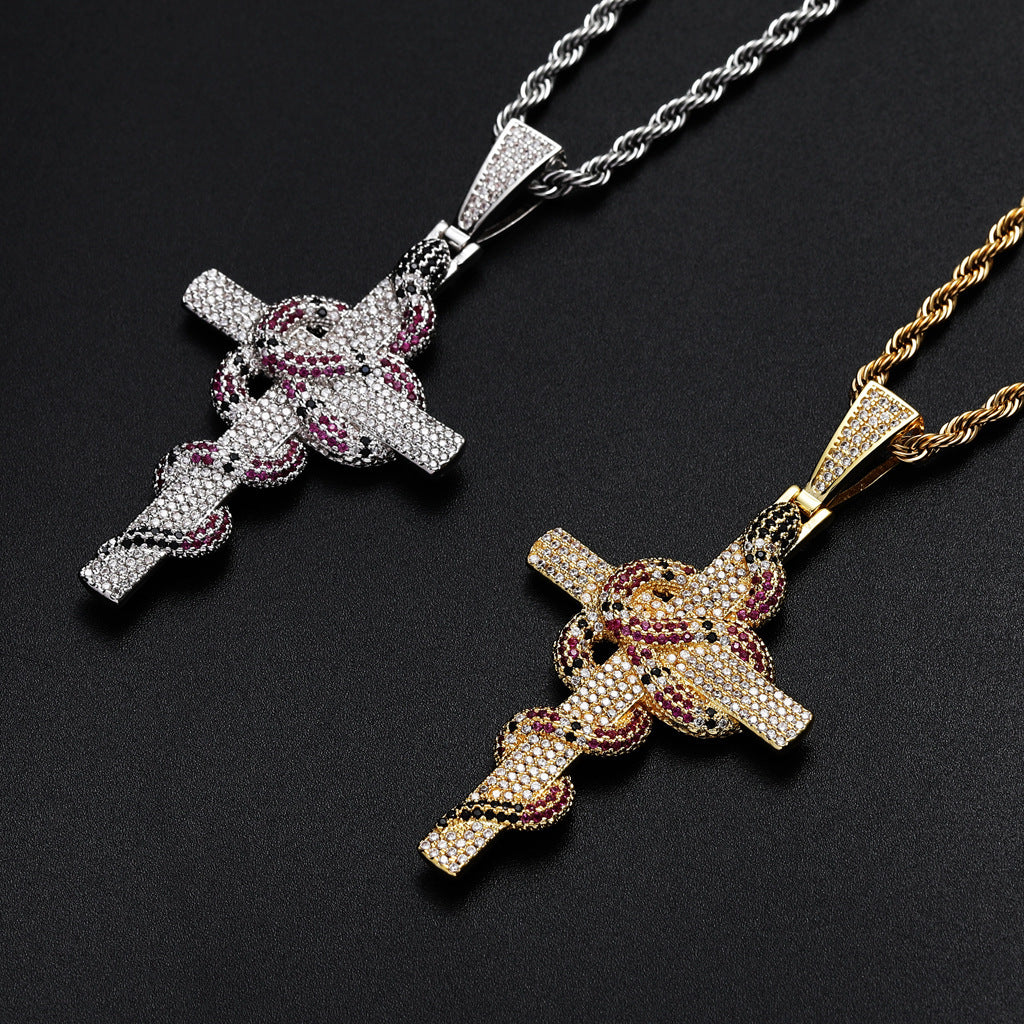 Iced Pink Snake Cross Pendant in White Gold - SPICEUP